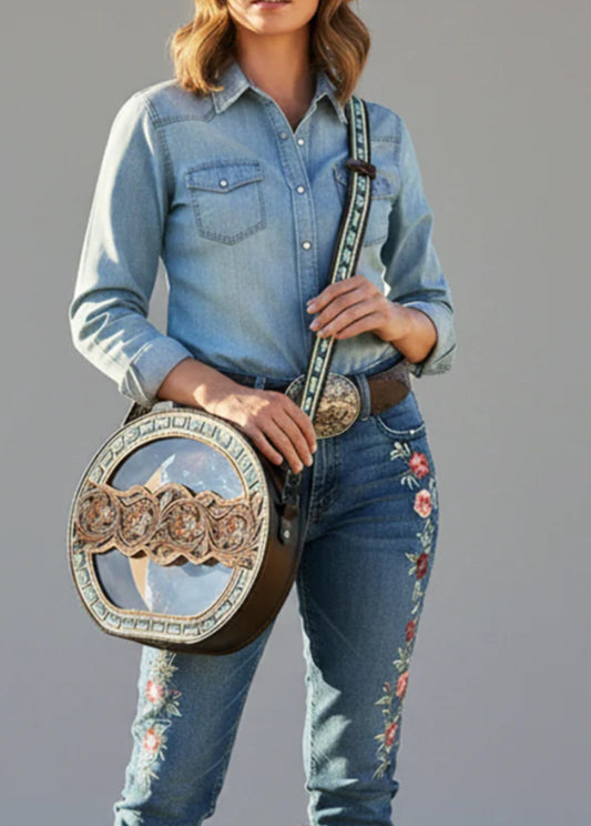 AMERICAN DARLING CLEAR CANTEEN WESTERN BAG WITH HAND TOOLED LEATHER AND TURQUOISE INLAY
