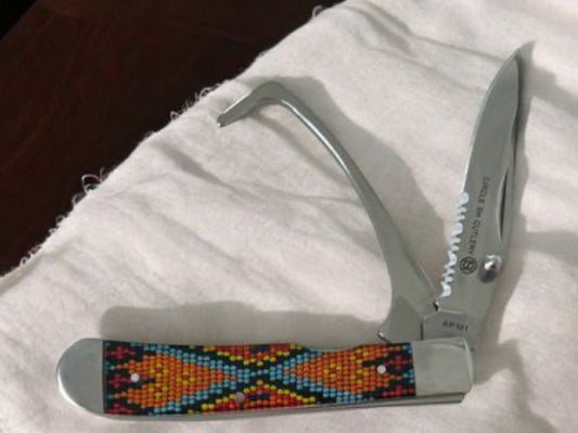 CIRCLE SH CUTLERY HOOF PICK KNIFE ORANGE/BLUE/BLACK BEADED DESIGN