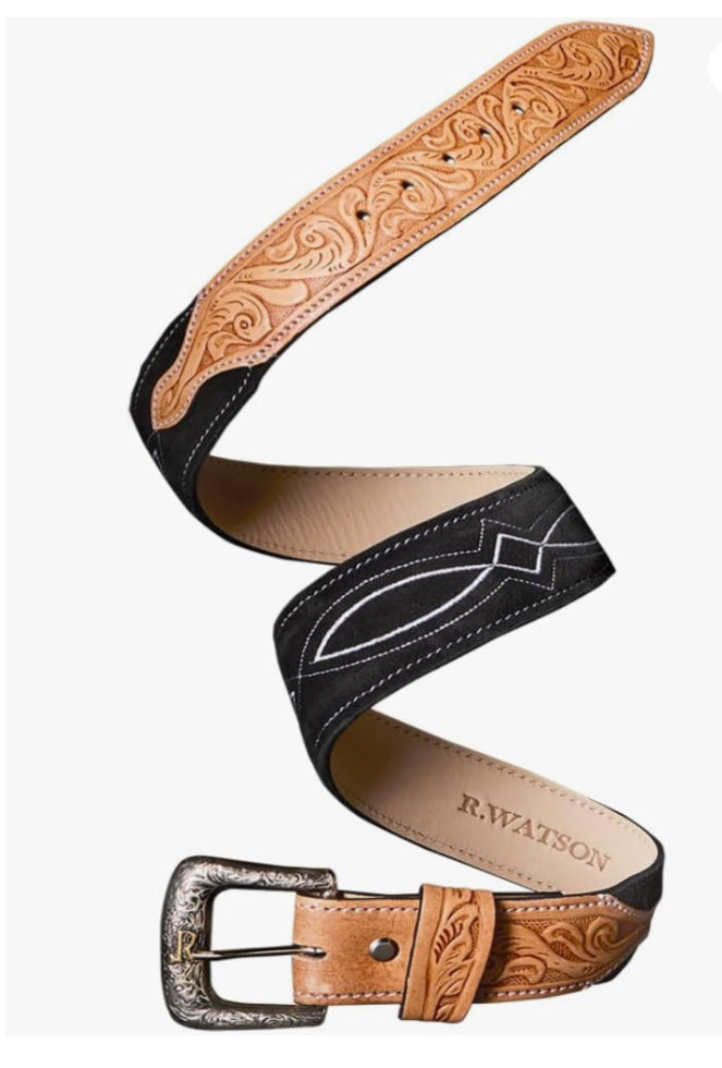 R WATSON MENS BLACK ROUGHOUT HEAVY EMBROIDERY BELT
