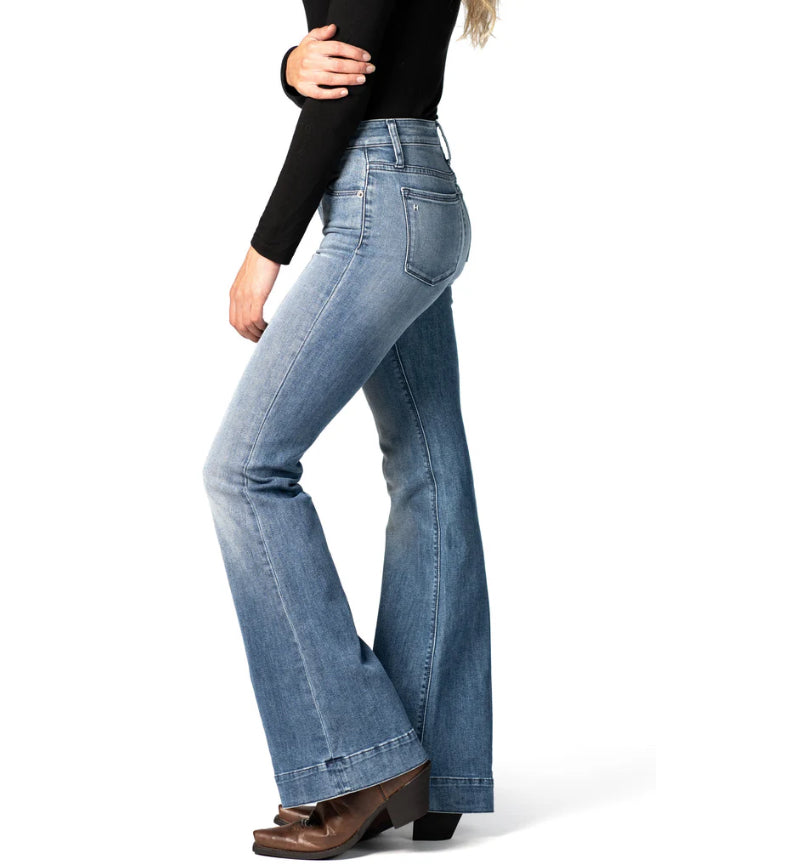 HAALA DENIM BELLA TROUSER FLARE JEAN IN VINTAGE BLUE WITH NAVY STITCHING