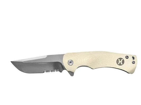 HOOEY KNIFE, WHITE DROP POINT FLIPPER 3.25” SERRATED BLADE WITH 4.25” HANDLE