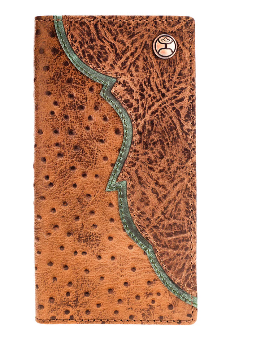 HOOEY SAWYER OSTRICH PRINT LEATHER RODEO WALLET WITH BROWN OVERLAY AND TURQUOISE ACCEBTS