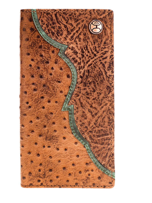 HOOEY SAWYER OSTRICH PRINT LEATHER RODEO WALLET WITH BROWN OVERLAY AND TURQUOISE ACCEBTS