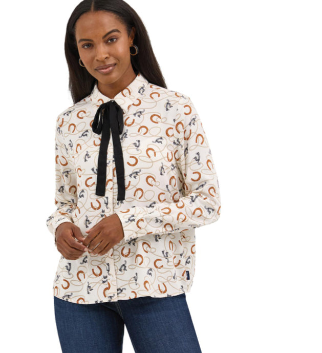 WRANGLER WOMENS WESTERN LONG SLEEVE PUNCHY TIE NECK TOP