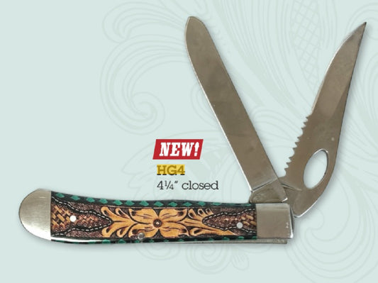 CIRCLE SH KNIFE, 2 BLADES ONE SERRATED FLORAL WITH BILLETS, BUCKSTITCH PATTERN 4 1/4” CLOSED