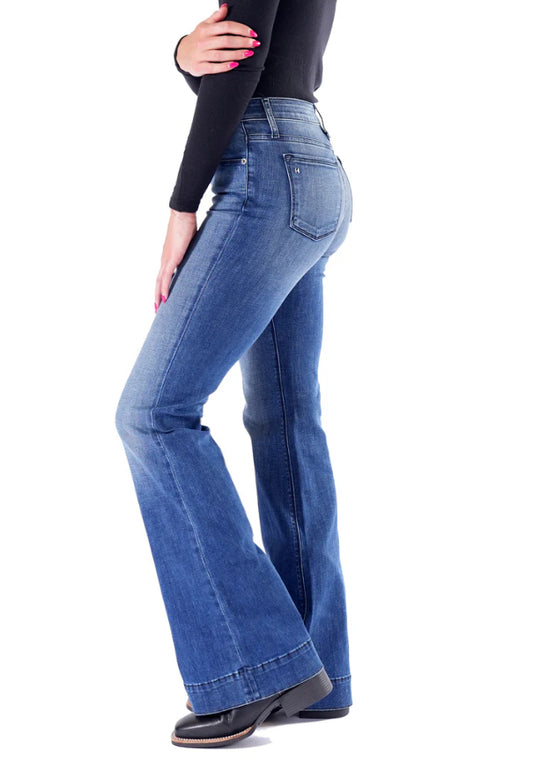 HAALA DENIM BELLA TROUSER FLARE JEANS IN INDIGO STONE WITH BLACK STITCH
