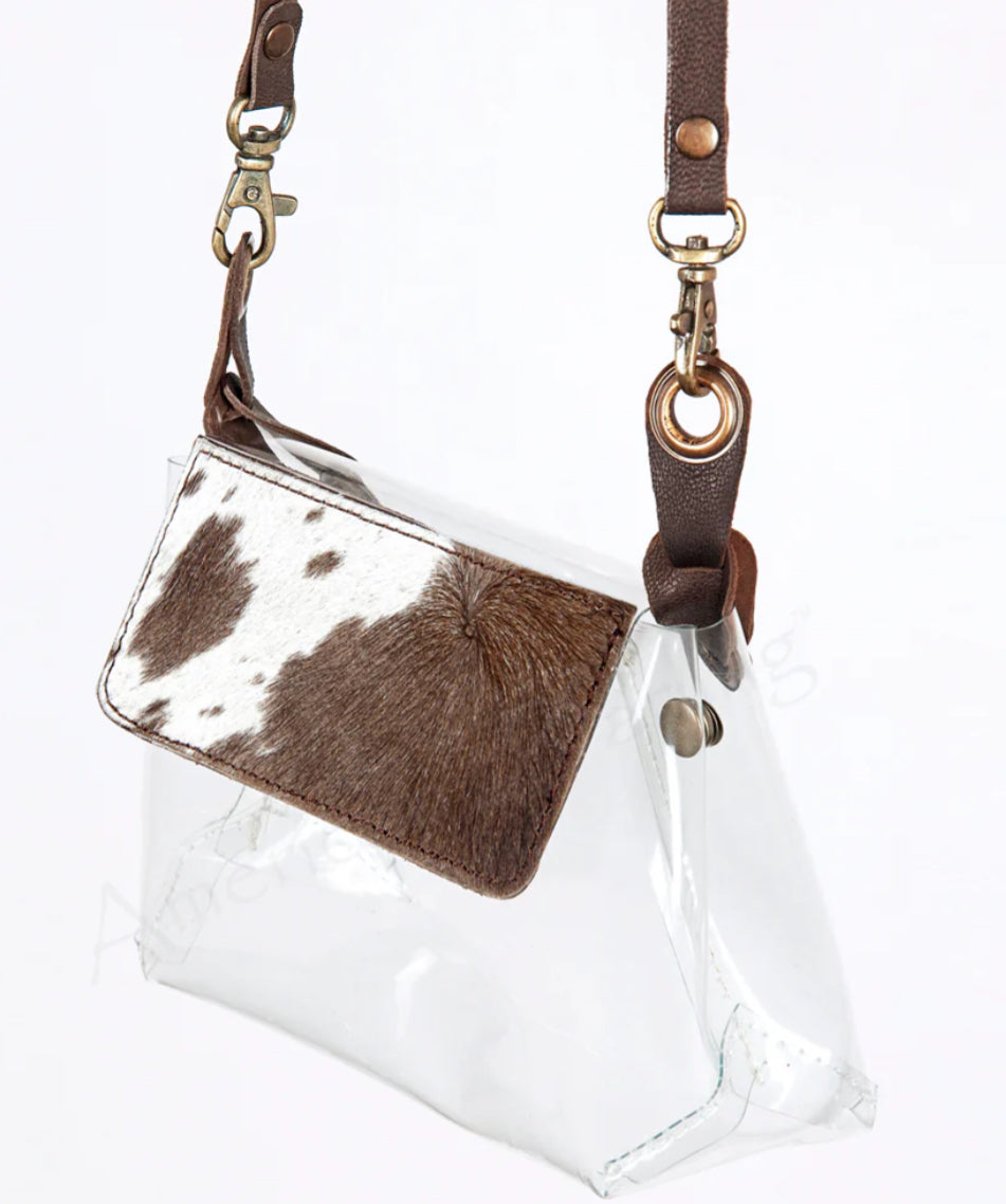AMERICAN DARLING CLEAR STADIUM BAG WITH BROWN AND WHITE COWHIDE FLAP-TRANSPARENT STADIUM BAG