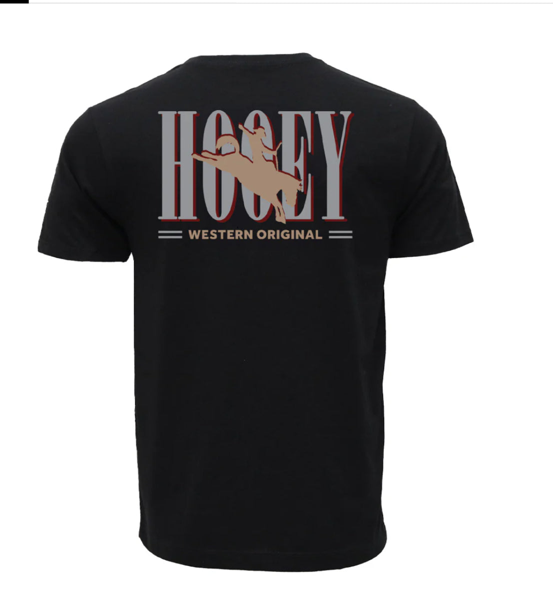 HOOEY MENS WILD RIDE BLACK CREW NECK TSHIRT WITH TAN/GREY HOOEY LOGO ON BACK