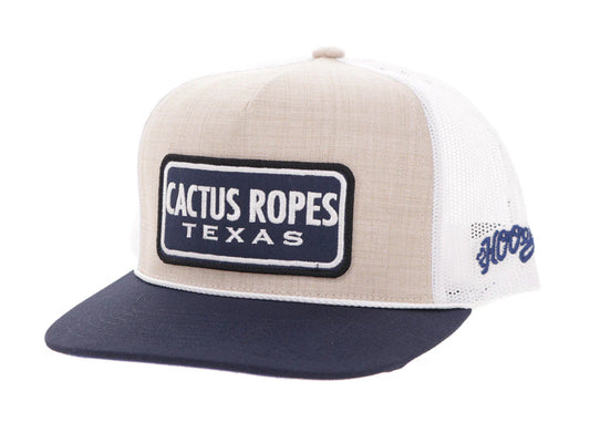 HOOEY X CACTUS ROPES TAN/WHITE 5-PANEL TRUCKER WITH BLUE/WHITE RECTANGLE PATCH
