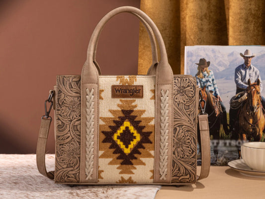 WRANGLER TOOLED AZTEC PATTERN PRINT CONCEALED CARRY TOTE/CROSSBODY