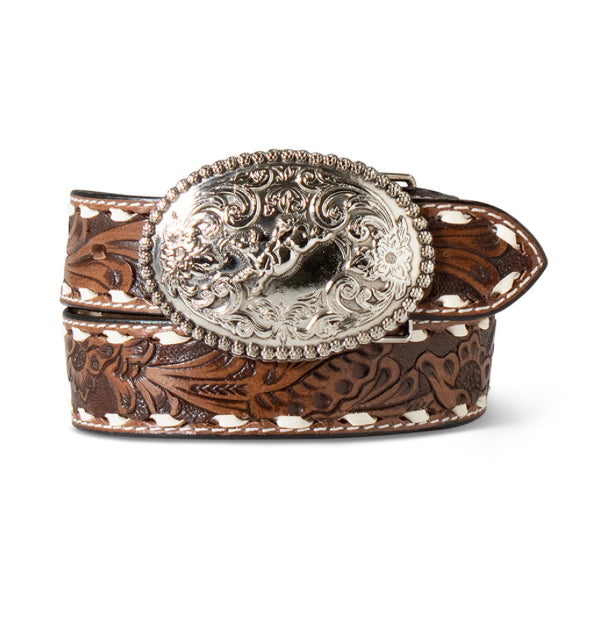 ARIAT BOYS BELT 1 1/4 HAND TOOLED FLORAL BUCK LACE BROWN