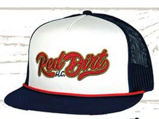 RED DIRT HAT CO AMERICAN GRIT-WHITE/NAVY FLAG PRINT FLAT BILL W/RED ROPE 5 PANEL SNAPBACK HAT