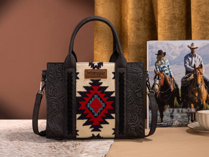 WRANGLER TOOLED AZTEC PATTERN PRINT CONCEALED CARRY TOTE/CROSSBODY