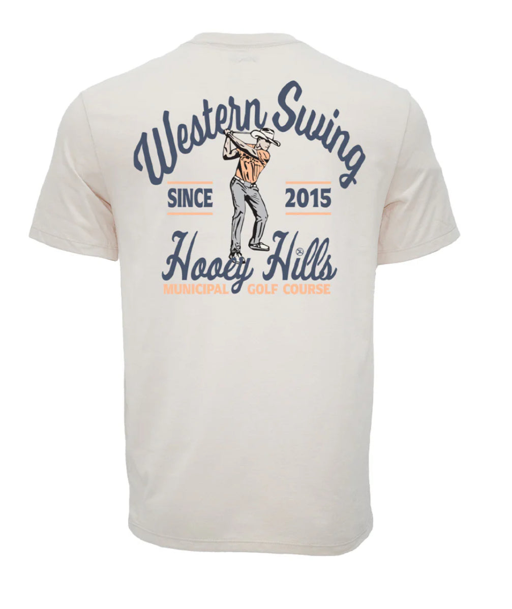 HOOEY COWBOY SWING MENS CREAM CREW NECK COTTON/POLY SHORT SLEEVE TSHIRT WITH COWBOY GOLFING LOGO ON BACK