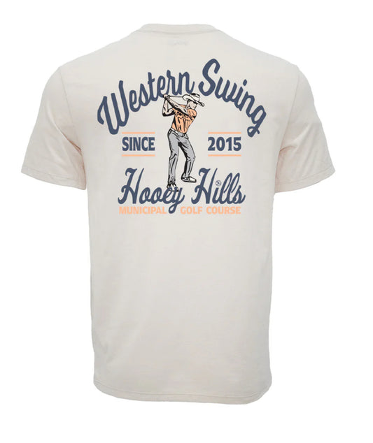 HOOEY COWBOY SWING MENS CREAM CREW NECK COTTON/POLY SHORT SLEEVE TSHIRT WITH COWBOY GOLFING LOGO ON BACK