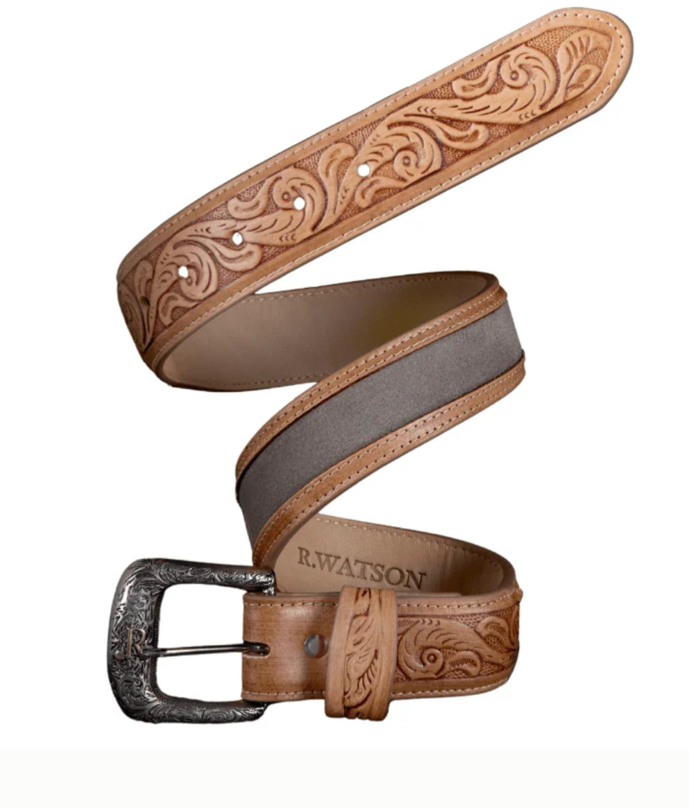 R WATSON MENS CHARCOAL ROUGHOUT BELT WITH NATURAL VEG TANNED BILLETS
