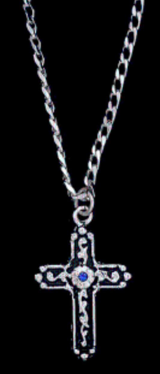 MENS SILVER BLACK INLAY CROSS NECKLACE WITH BLUE STONE
