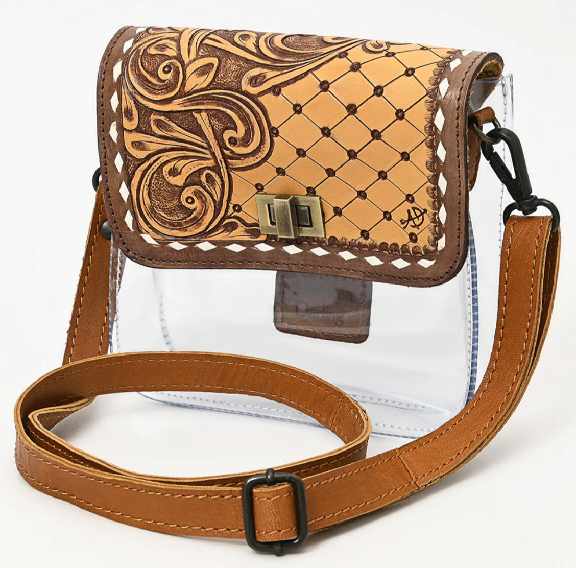 AMERICAN DARLING CLEAR CROSSBODY LEATHER BAG WITH QUILTED TOOLED LEATHER FLAP-WESTERN CONCERT STADIUM BAG