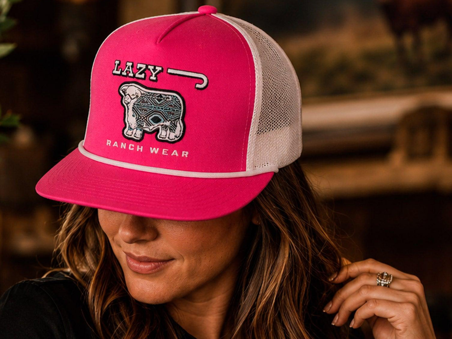 LAZY J RANCHWEAR PINK & WHITE AFTERGLOW CLASSIC ROPE TRUCKER HAT