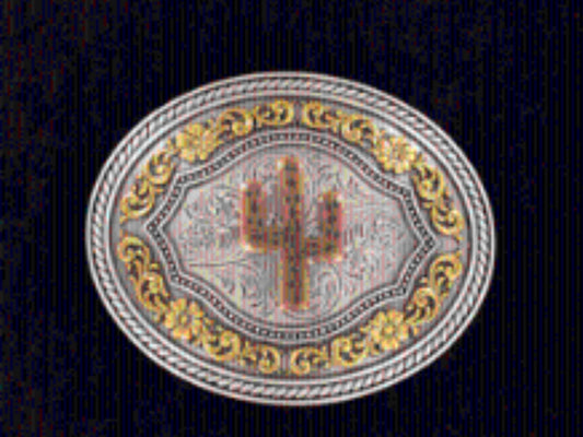 NOCONA CACTUS FILIGREE BELT BUCKLE WITH GOLD ACCENTS AND ROPE BORDER