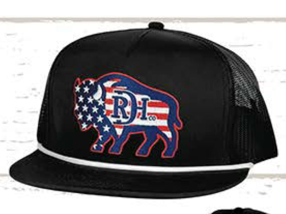 RED DIRT HAT CO TWO FIVE O-BLACK/BLACK WITH WHITE ROPE FLAT BILL 5 PANEL SNAPBACK HAT
