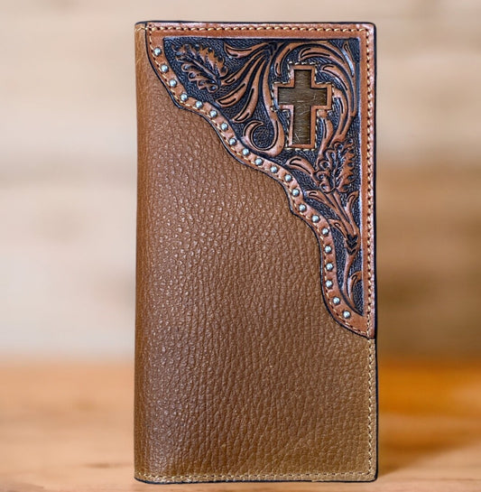 RANGER BELT CO RODEO WALLET WITH TOOLED LEATHER AND HAIR INLAY CROSS
