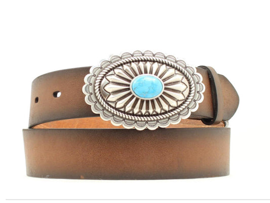 ARIAT WOMENS 1 1/2” DISTRESSED OVAL TURQUOISE BUCKLE BROWN BELT