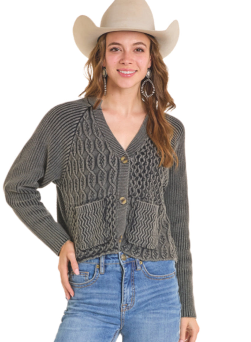 ROCK & ROLL DENIM WOMENS SWEATER CARDIGAN WITH WASH