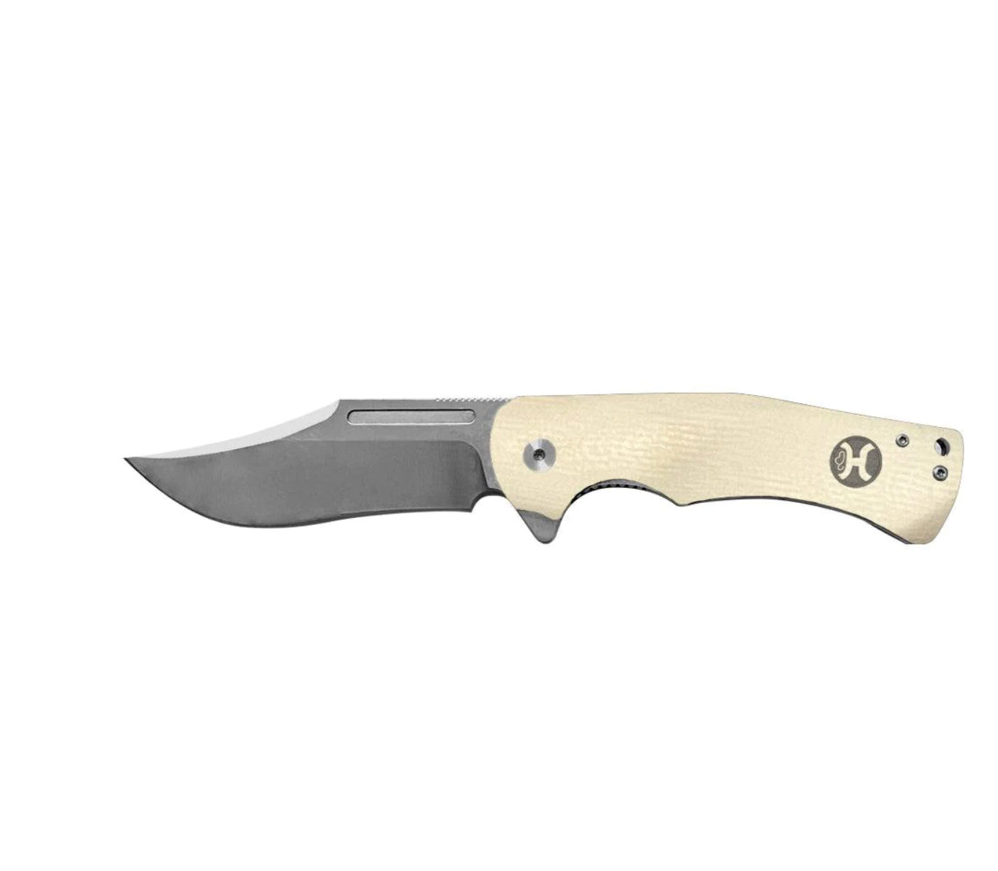 HOOEY KNIFE, WHITE CLIP POINT FLIPPER 3.25” BLADE WITH A 4.25” HANDLE