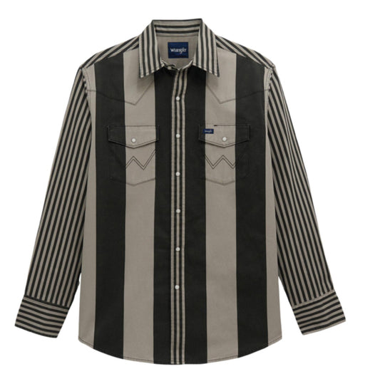 WRANGLER MENS VINTAGE INSPIRED LONG SLEEVE BRUSHPOPPER-CLASSIC FIT-BLACK/GREY