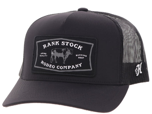 HOOEY RANK STOCK BLACK 5 PANEL TRUCKER WITH BLACK/WHITE RECTANGLE PATCH HAT