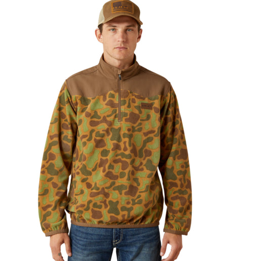 ARIAT MENS KHAKI CAMO BASIC FLEECE 1/4 ZIP SWEATER