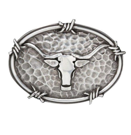 ARIAT OVAL BARBEDWIRE EDGE HAMMERED LONGHORN BELT BUCKLE