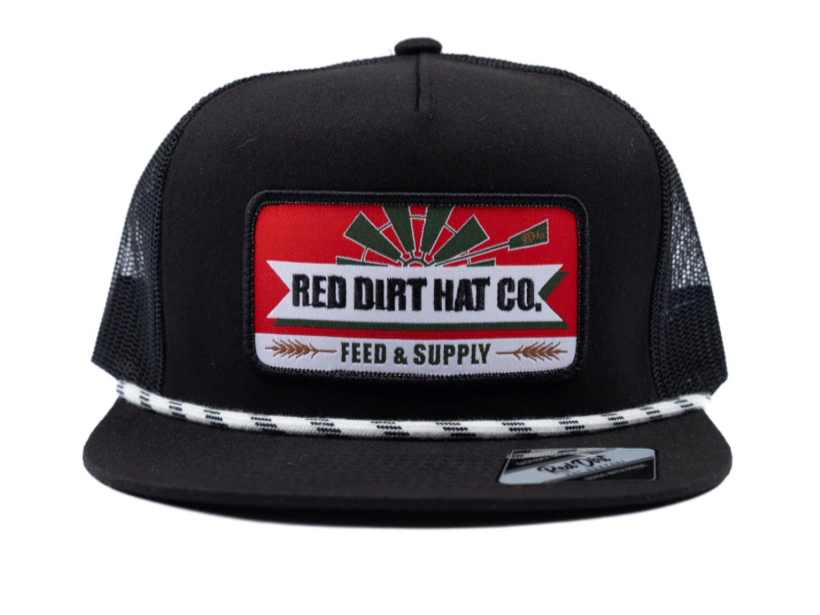 RED DIRT HAT CO FEEDIN’ TIME-BLACK/BLACK WHITE ROPE 5 PANEL HAT