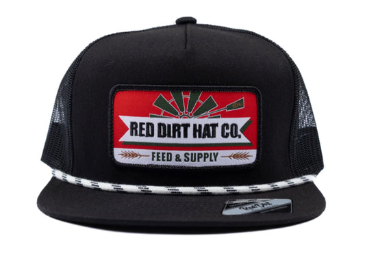 RED DIRT HAT CO FEEDIN’ TIME-BLACK/BLACK WHITE ROPE 5 PANEL HAT