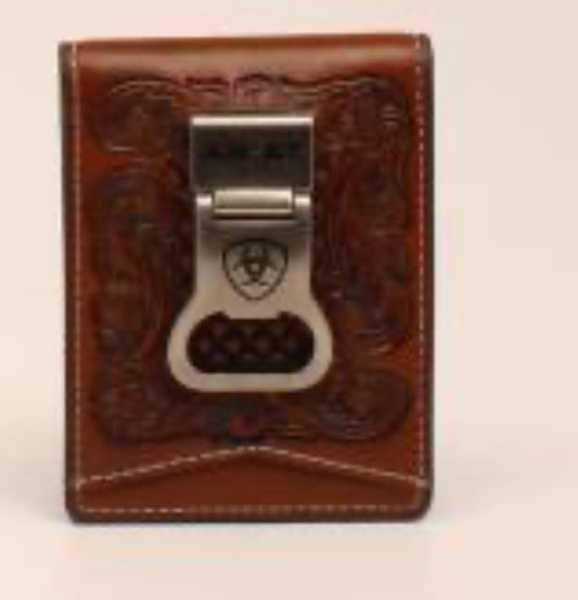 ARIAT BIFOLD MONEY CLIP BASKET WEAVE FLORAL EMBOSSED TAN