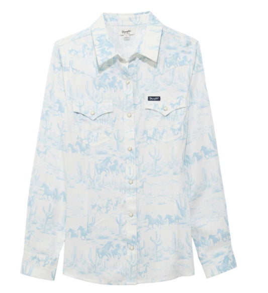 WRANGLER WOMENS RETRO LONG SLEEVE DESERT PRINT SNAP SHIRT