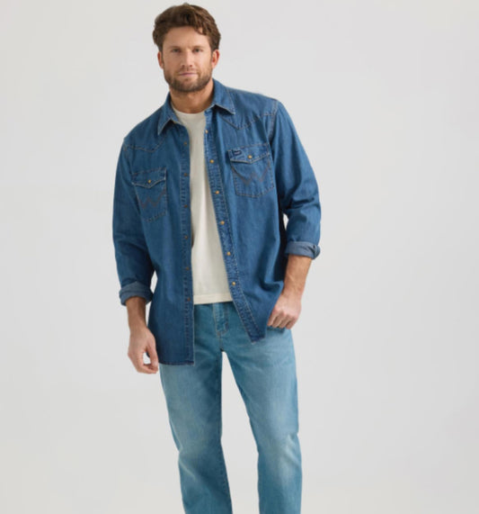 WRANGLER MENS DENIM LONG SLEEVE SHIRT IN VARIOUS WASHES