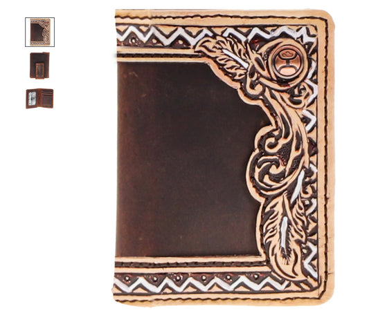 HOOEY WAR PAINT HAND TOOLED AZTEC FEATHER FILIGREE AND HAND PAINTED LEATHER BIFOLD MONEY CLIP WALLET