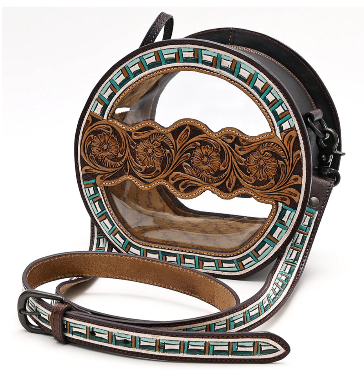AMERICAN DARLING CLEAR CANTEEN WESTERN BAG WITH HAND TOOLED LEATHER AND TURQUOISE INLAY