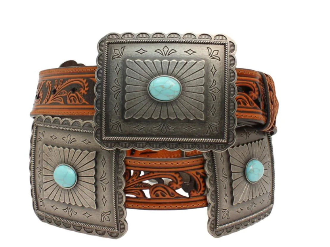 ARIAT WOMENS 1 1/2” RECTANGLE CONCHO BELT WITH TURQUOISE CENTER