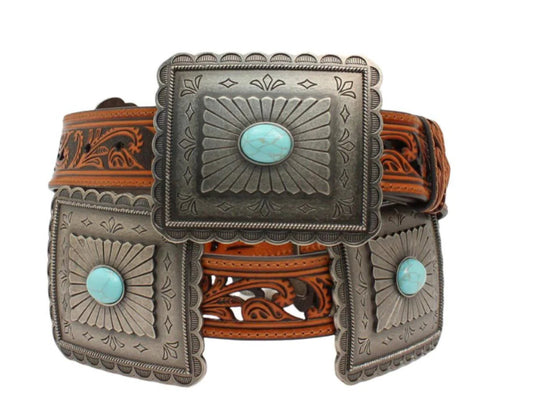 ARIAT WOMENS 1 1/2” RECTANGLE CONCHO BELT WITH TURQUOISE CENTER
