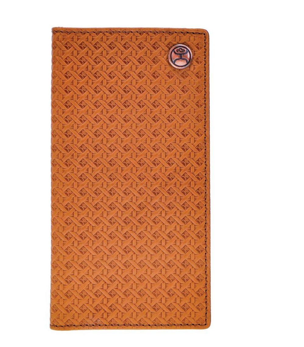 HOOEY HANDS UP BASKET WEAVE ALL OVER HONEY BASKETWEAVE RODEO WALLET WITH HOOEY LOGO RIVET