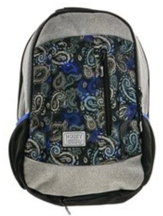 HOOEY ROCKSTAR BACKPACK GREY BODY WITH BLACK/BLUE PAISLEY FRONT PANBEL AND BLACK ACCENTS