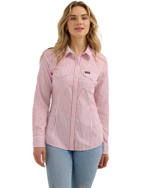 WRANGLER WOMENS CANDY STRIPE DRESS SNAP SHIRT