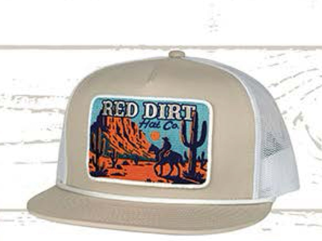 RED DIRT HAT CO LONE RIDER-KHAKI/WHITE FLAT BILL WHITE ROPE 5 PANEL SNAPBACK HAT