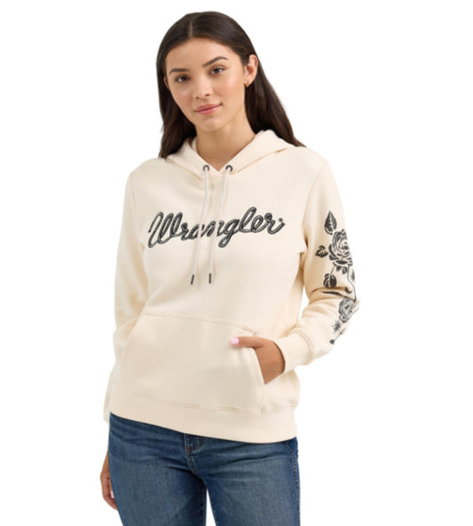 WRANGLER WOMENS LONG SLEEVE LOGO HOODIE WITH FLORAL SLEEVE