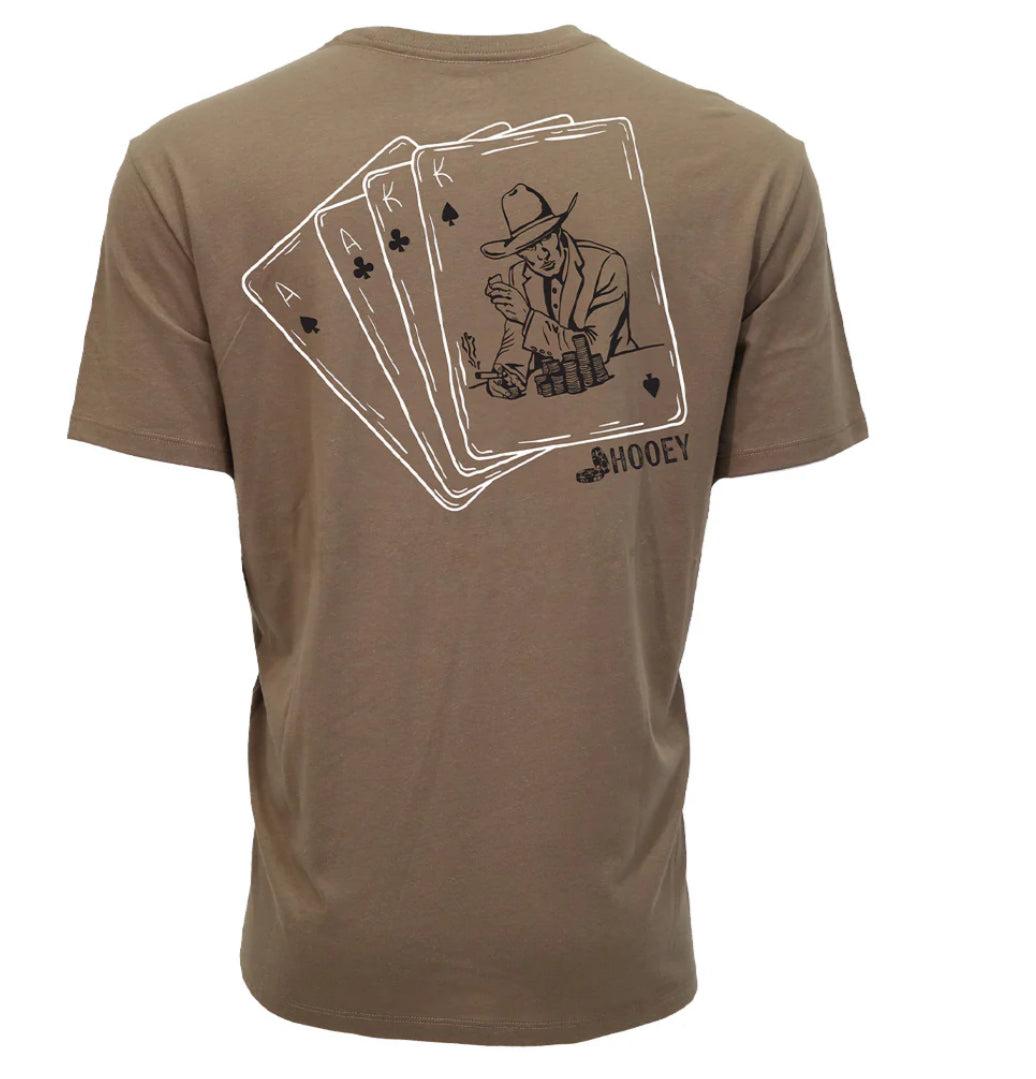 HOOEY GAMBLER MENS SHITAKE BROWN CREW NECK TSHIRT WITH BLACK/WHITE CARD LOGO ON BACK