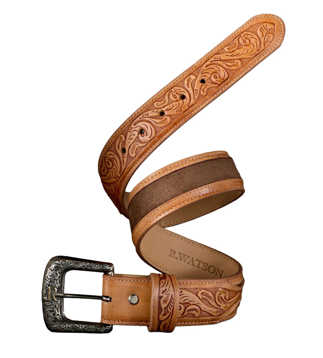 R WATSON MENS CHOCOLATE ROUGHOUT  BELT WITH NATURAL VEG TANNED BILLETS
