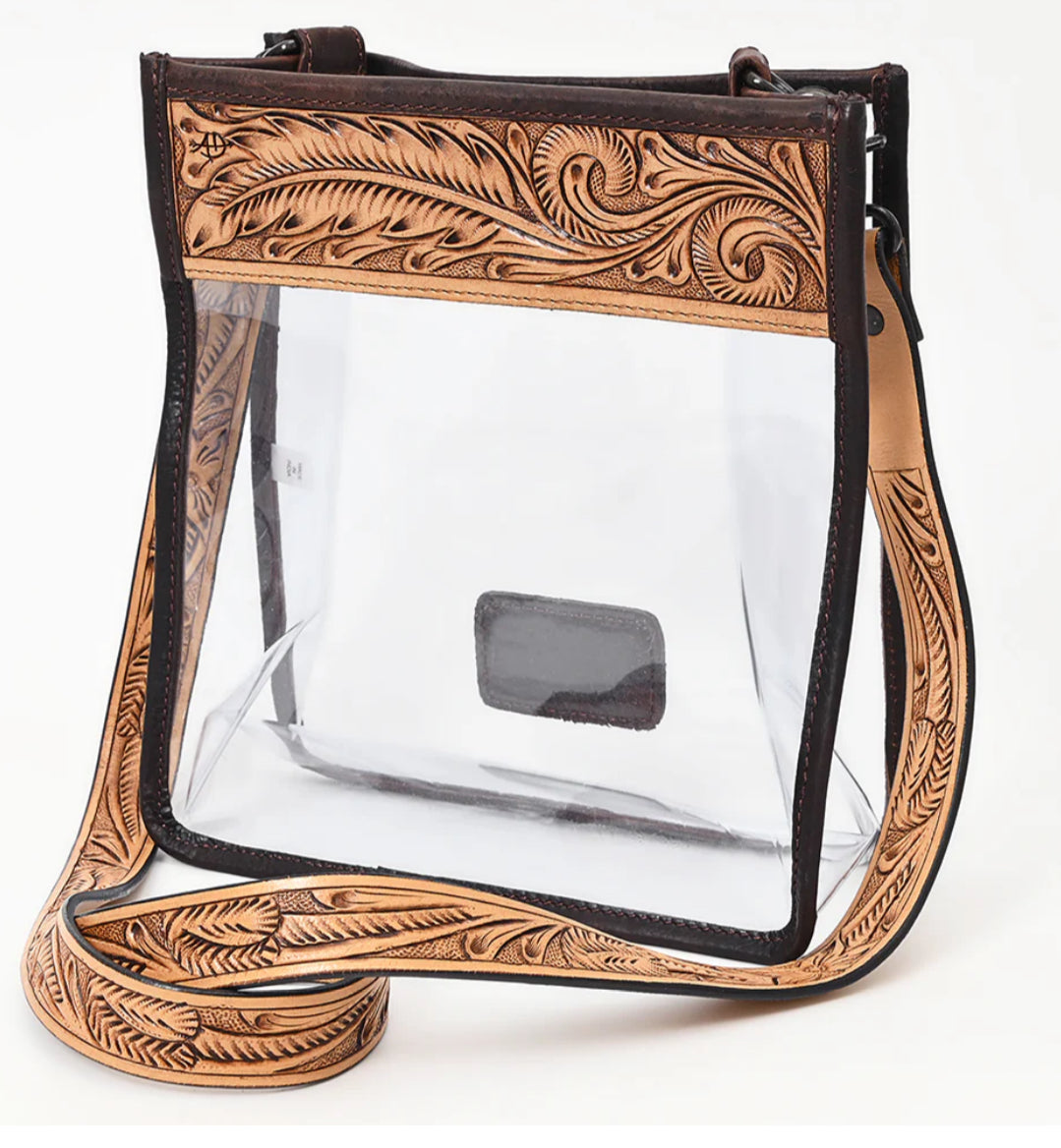 AMERICAN DARLING CLEAR STADIUM CROSSBODY BAG WITH FLORAL TOOLED LEATHER TRIM-WESTERN CONCERT PURSE